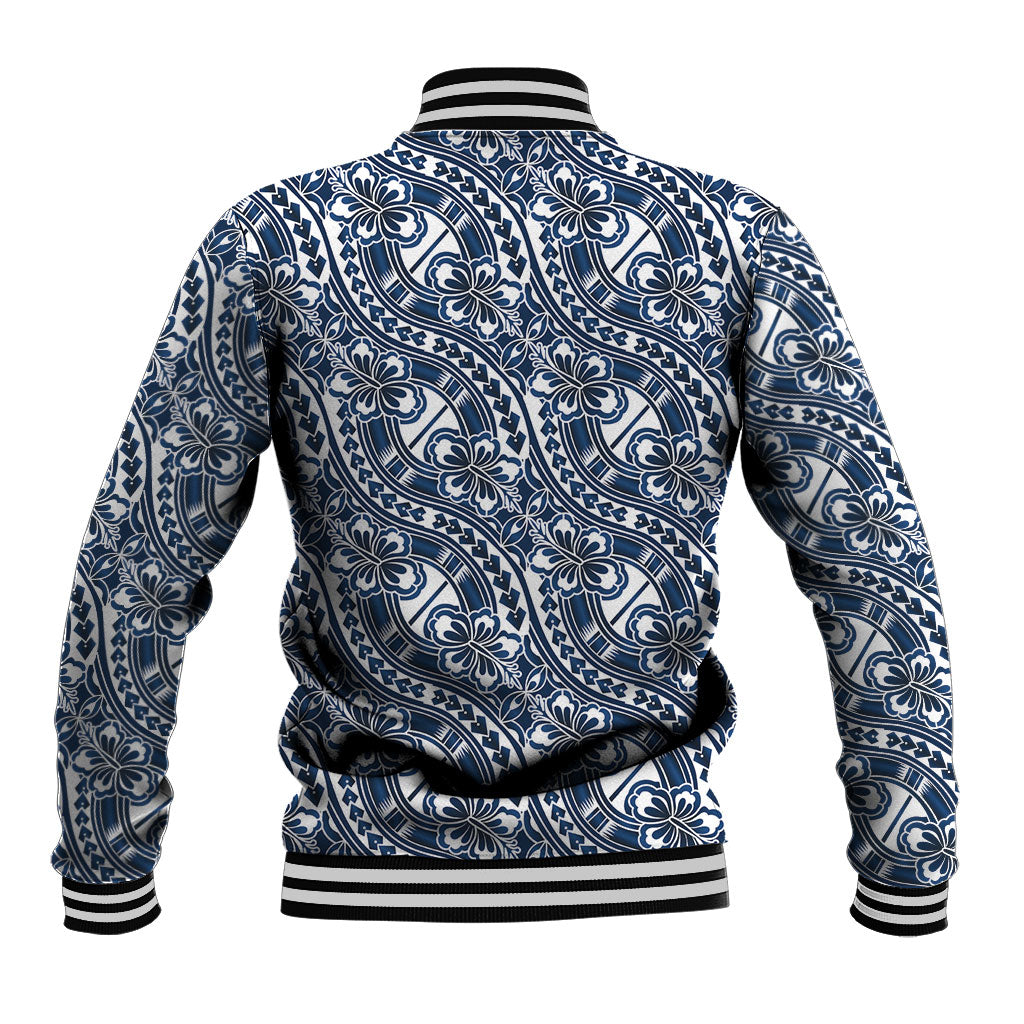 Hibiscus Bloom Island Tribal Waves Baseball Jacket Blue Polynesian Pattern