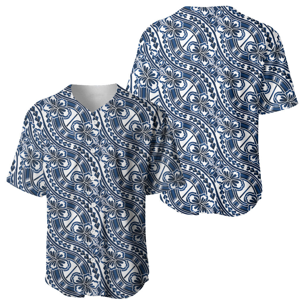 Hibiscus Bloom Island Tribal Waves Baseball Jersey Blue Polynesian Pattern
