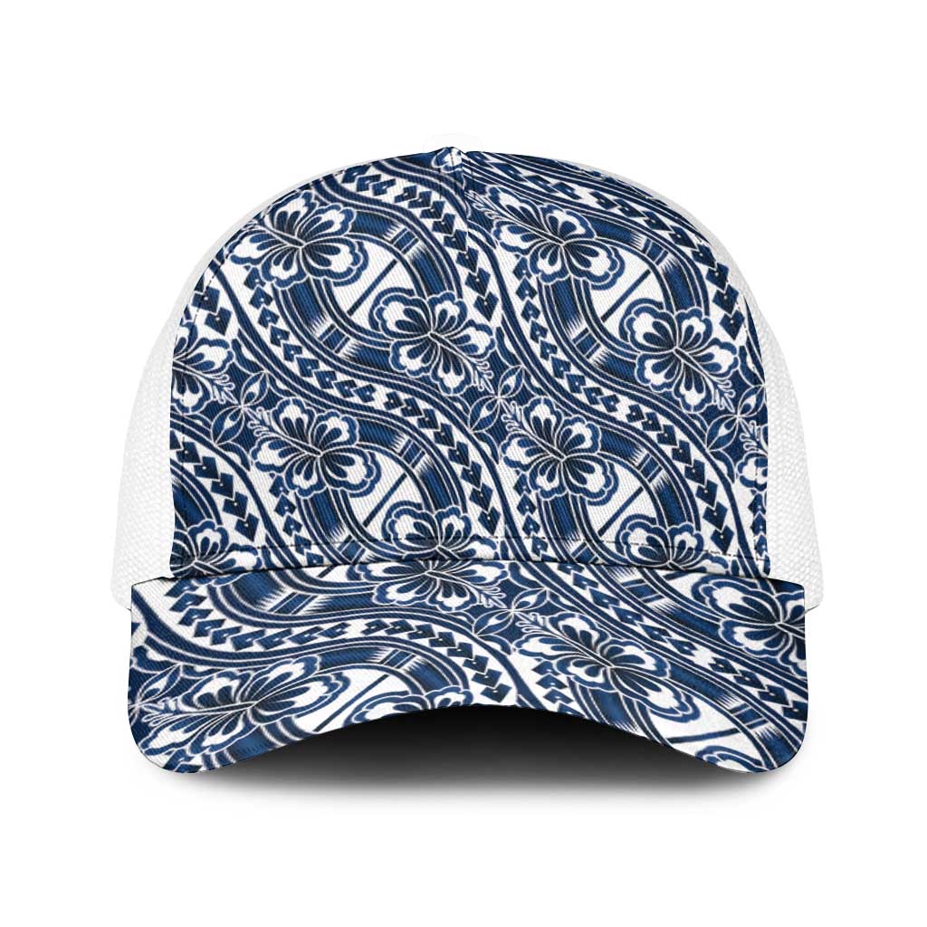 Hibiscus Bloom Island Tribal Waves Baseball Net Cap Blue Polynesian Pattern
