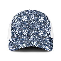 Hibiscus Bloom Island Tribal Waves Baseball Net Cap Blue Polynesian Pattern