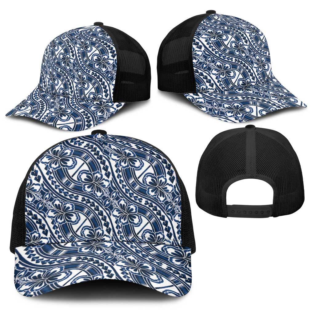 Hibiscus Bloom Island Tribal Waves Baseball Net Cap Blue Polynesian Pattern