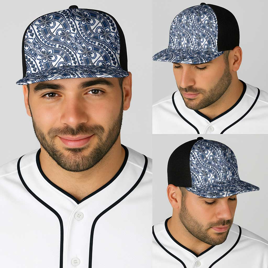 Hibiscus Bloom Island Tribal Waves Baseball Net Cap Blue Polynesian Pattern