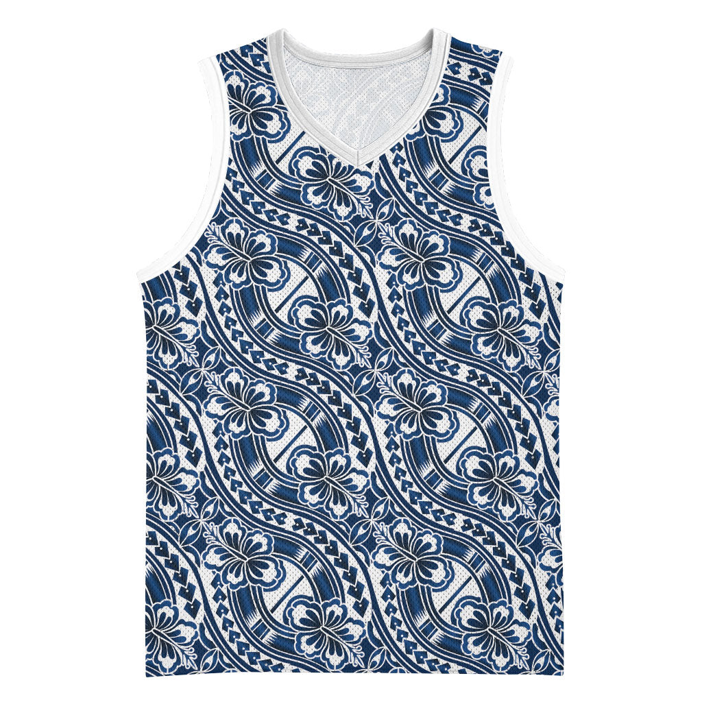 Hibiscus Bloom Island Tribal Waves Basketball Jersey Blue Polynesian Pattern