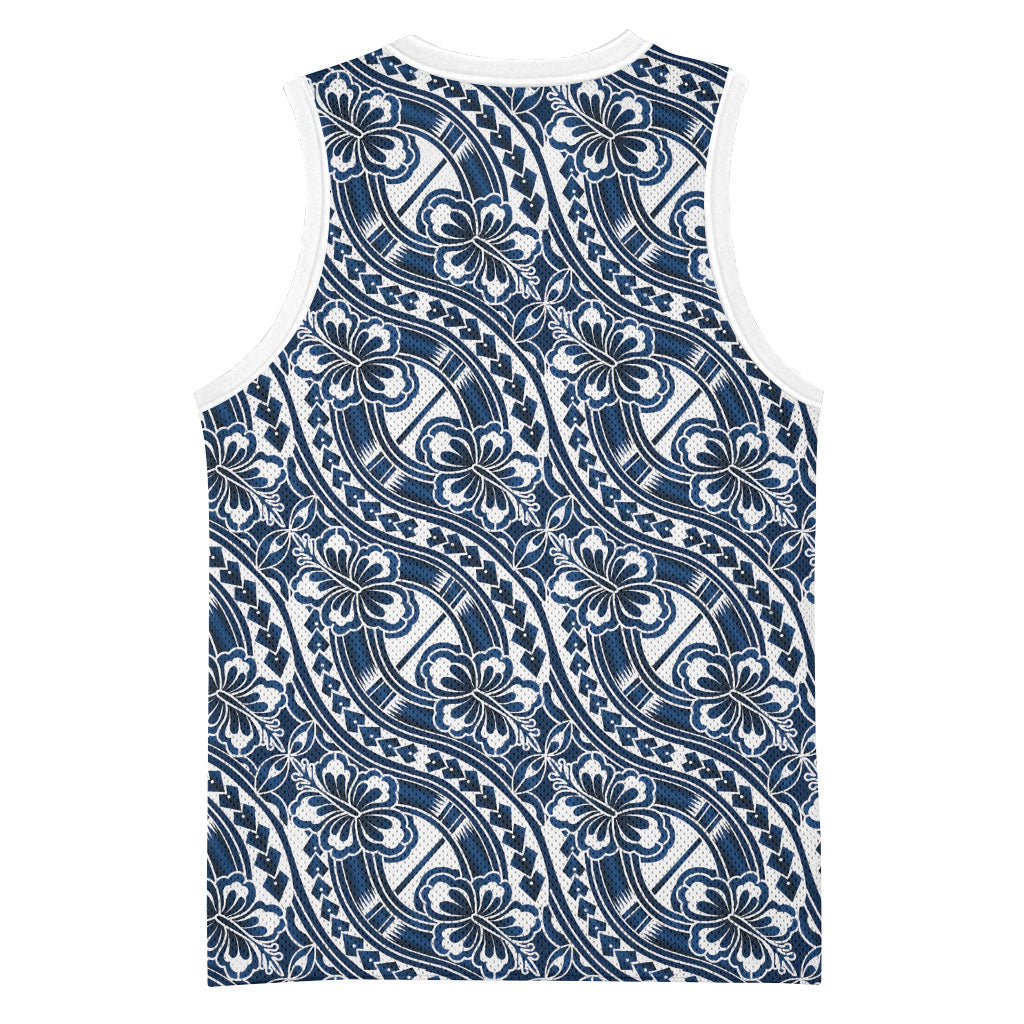 Hibiscus Bloom Island Tribal Waves Basketball Jersey Blue Polynesian Pattern
