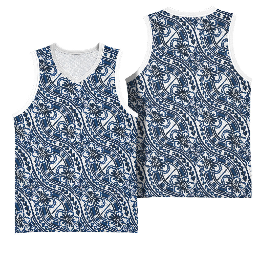 Hibiscus Bloom Island Tribal Waves Basketball Jersey Blue Polynesian Pattern