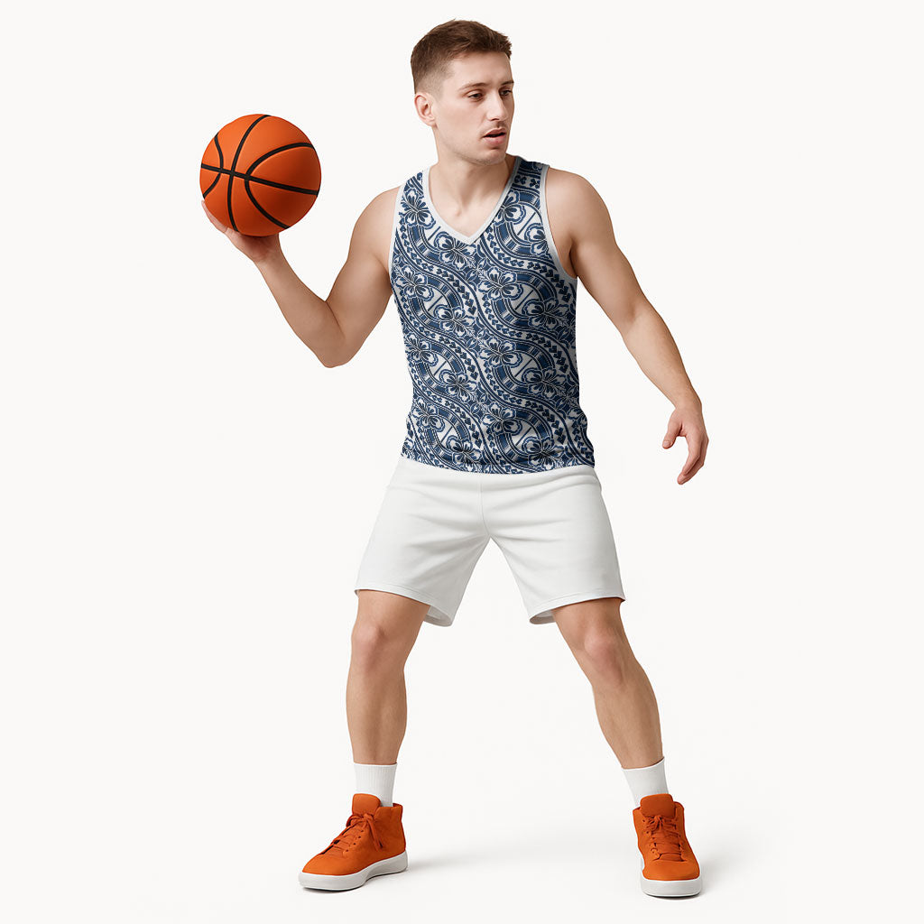 Hibiscus Bloom Island Tribal Waves Basketball Jersey Blue Polynesian Pattern