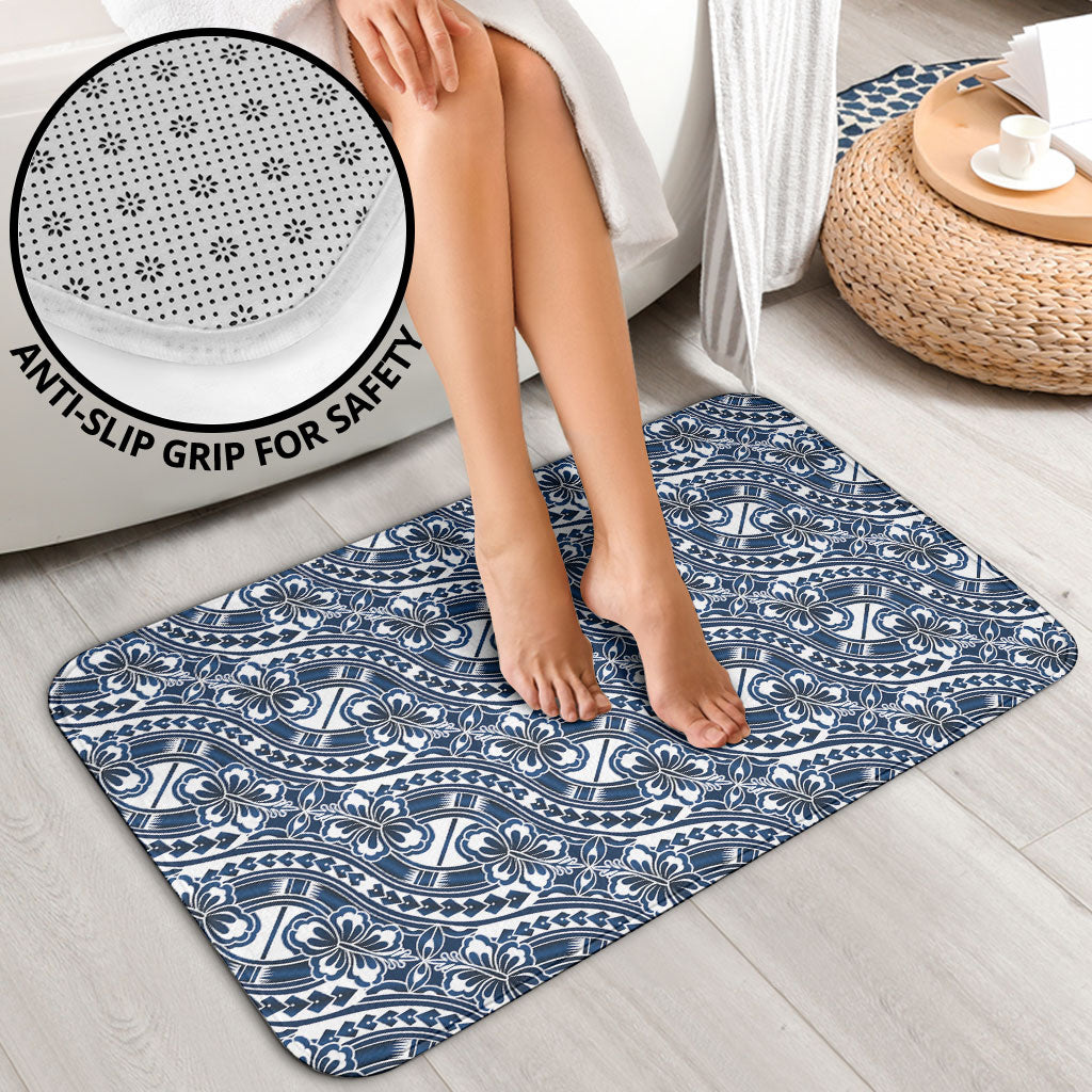 Hibiscus Bloom Island Tribal Waves Bathroom Set Blue Polynesian Pattern