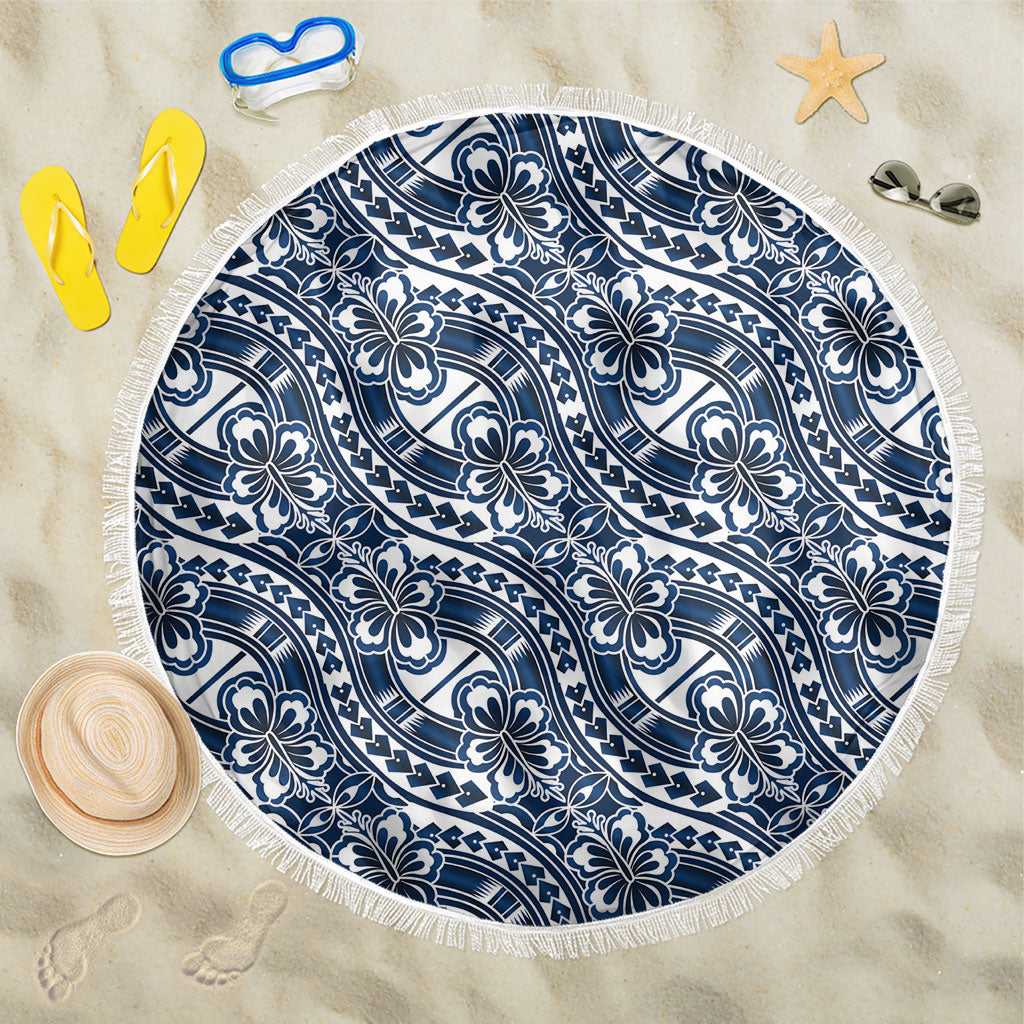 Hibiscus Bloom Island Tribal Waves Beach Blanket Blue Polynesian Pattern