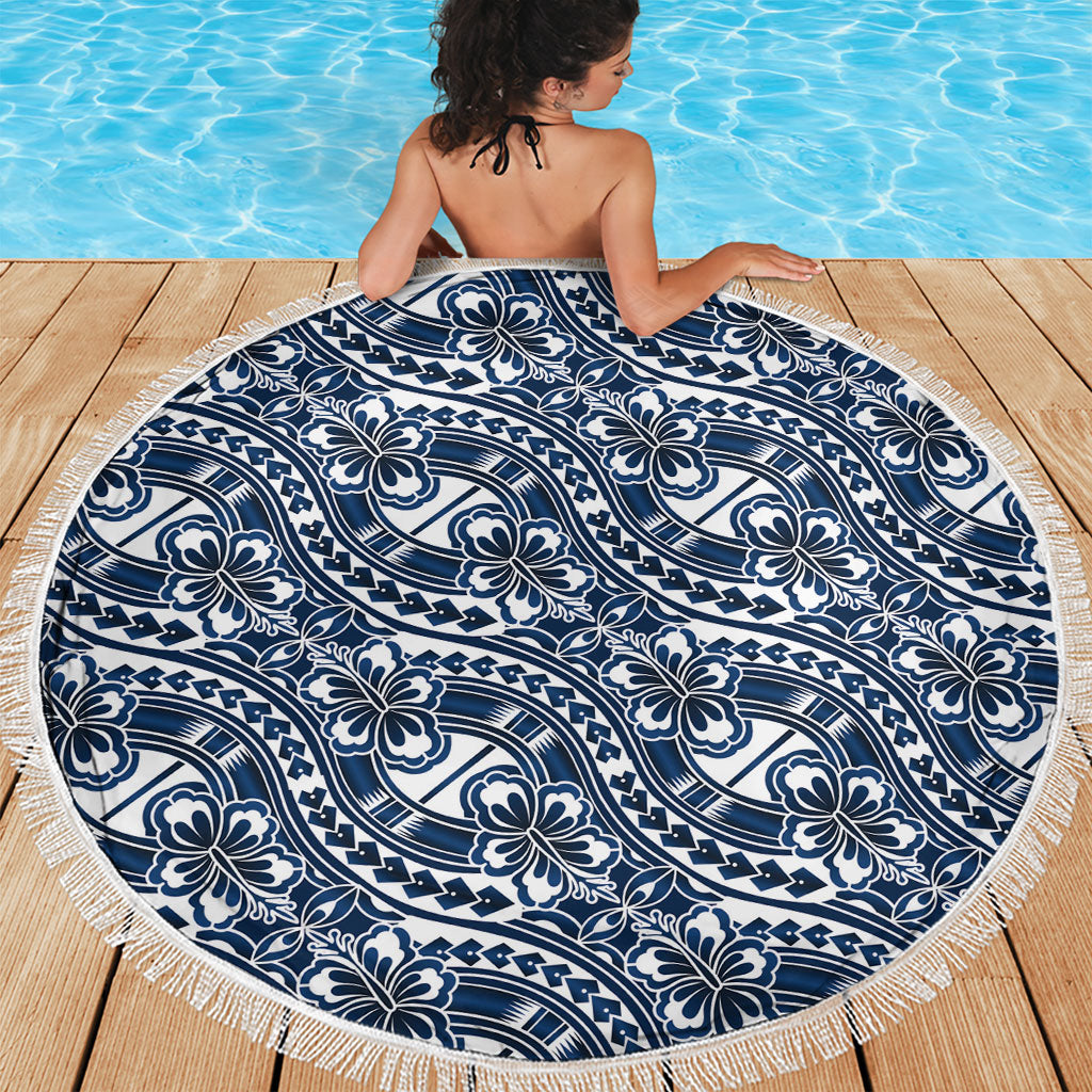 Hibiscus Bloom Island Tribal Waves Beach Blanket Blue Polynesian Pattern