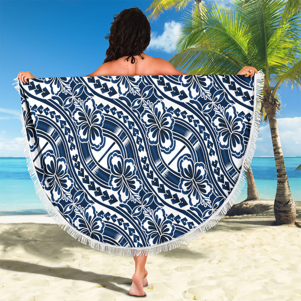 Hibiscus Bloom Island Tribal Waves Beach Blanket Blue Polynesian Pattern