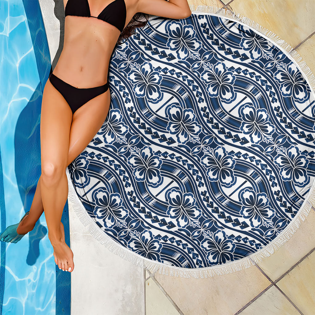 Hibiscus Bloom Island Tribal Waves Beach Blanket Blue Polynesian Pattern