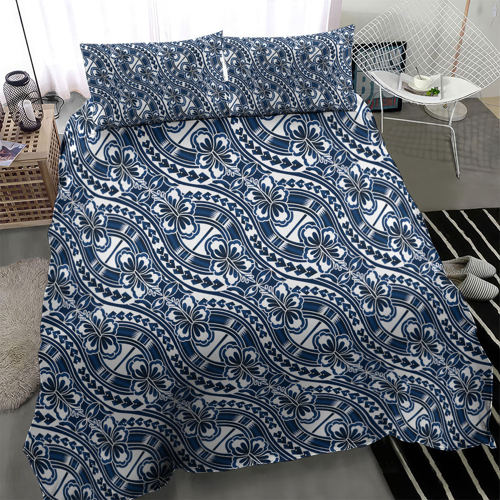 Hibiscus Bloom Island Tribal Waves Bedding Set Blue Polynesian Pattern