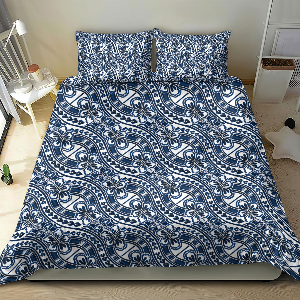 Hibiscus Bloom Island Tribal Waves Bedding Set Blue Polynesian Pattern