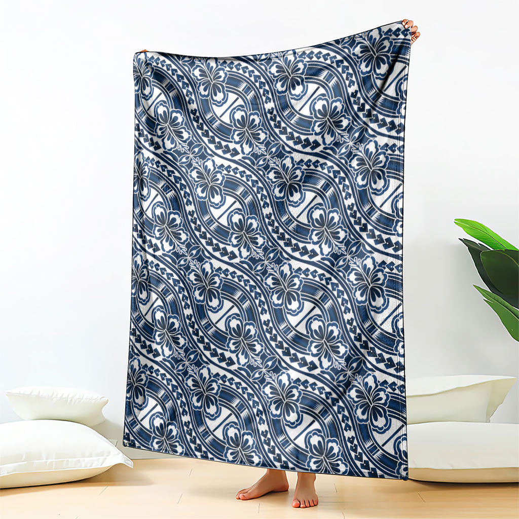 Hibiscus Bloom Island Tribal Waves Blanket Blue Polynesian Pattern