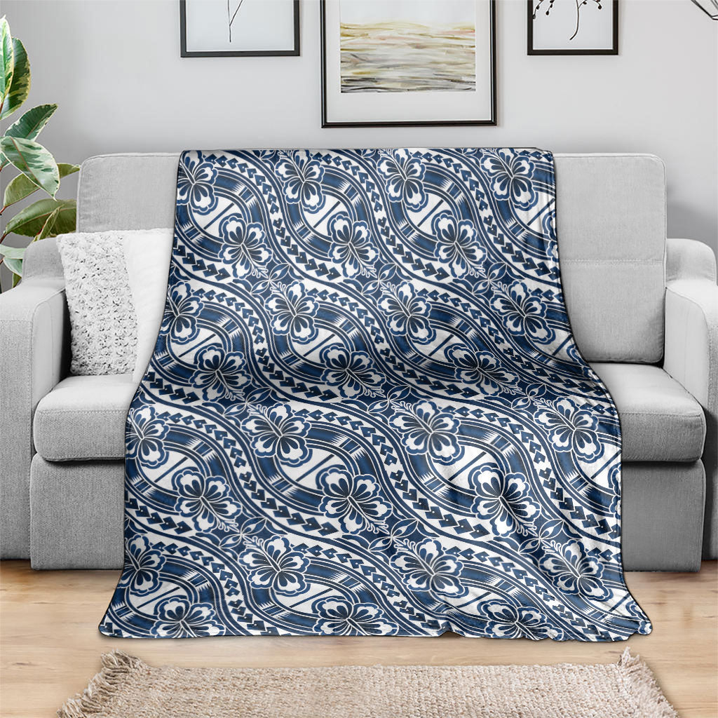 Hibiscus Bloom Island Tribal Waves Blanket Blue Polynesian Pattern
