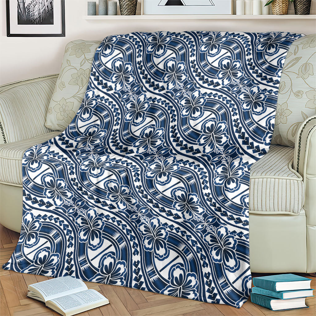 Hibiscus Bloom Island Tribal Waves Blanket Blue Polynesian Pattern