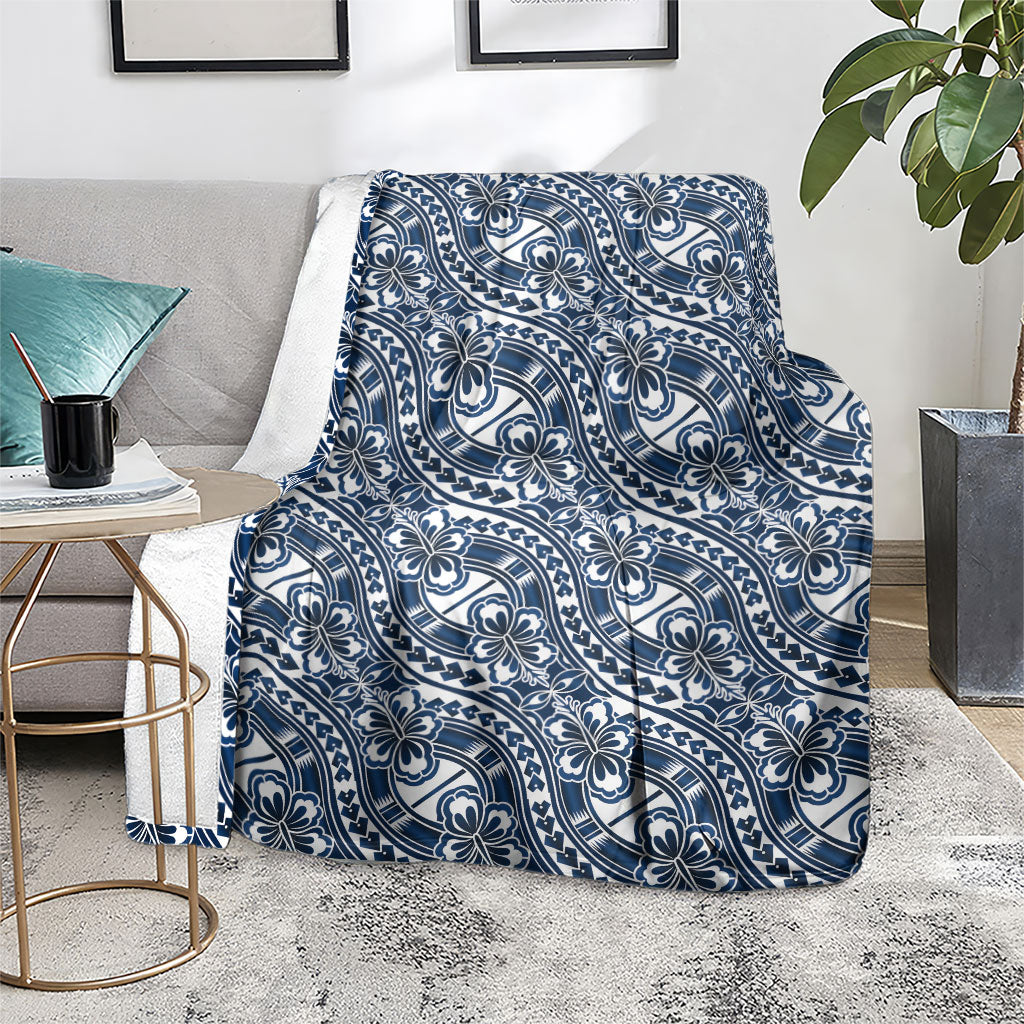 Hibiscus Bloom Island Tribal Waves Blanket Blue Polynesian Pattern