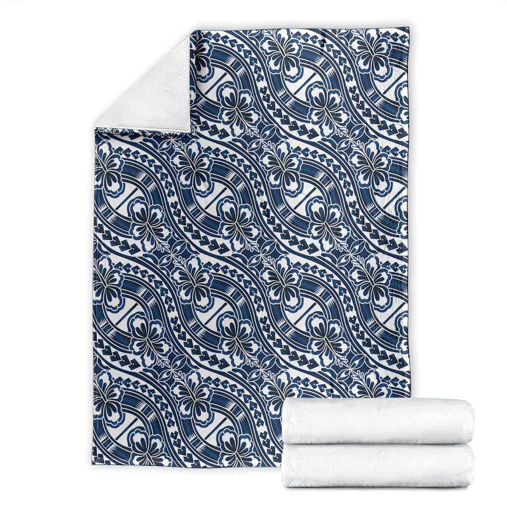 Hibiscus Bloom Island Tribal Waves Blanket Blue Polynesian Pattern
