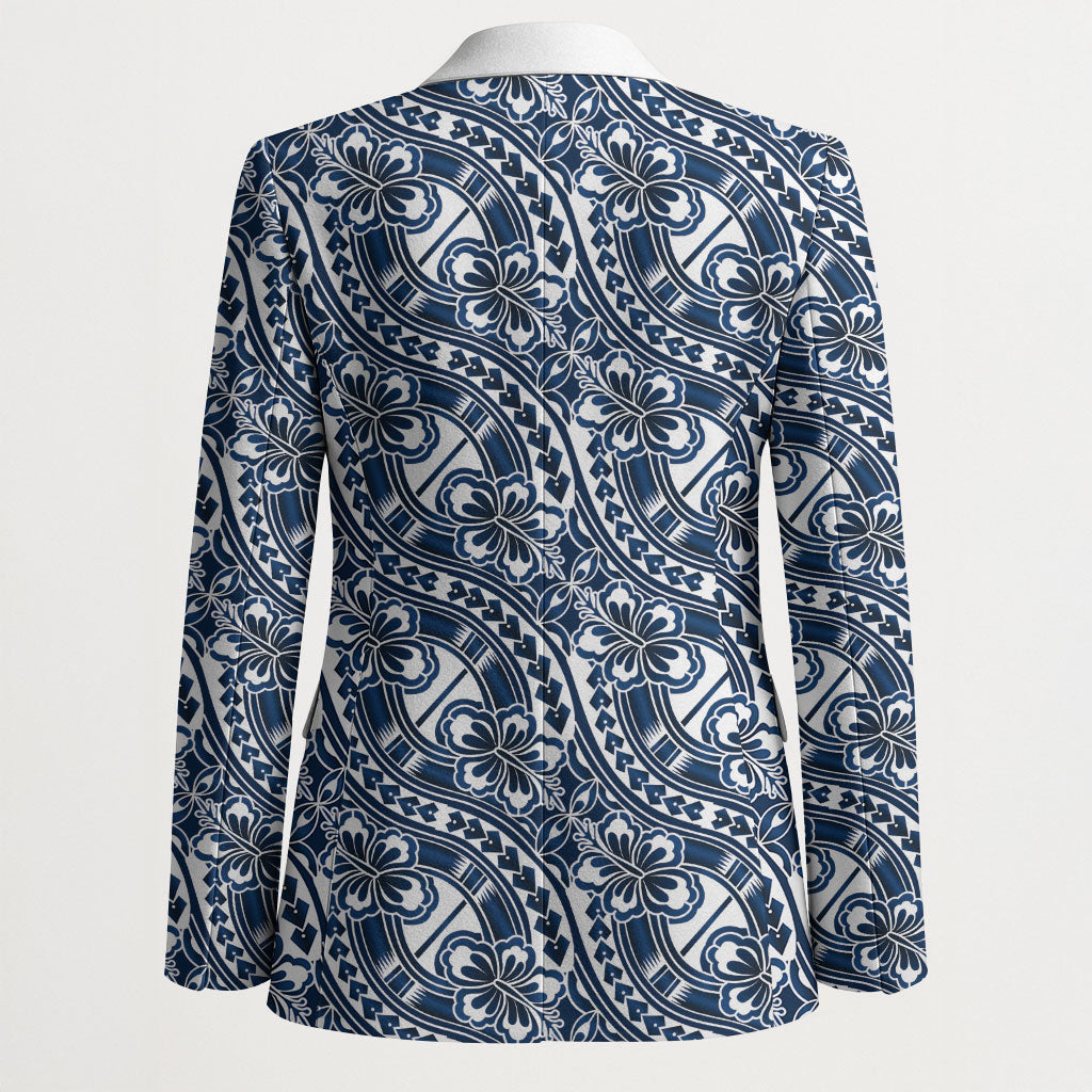 Hibiscus Bloom Island Tribal Waves Blazer Blue Polynesian Pattern