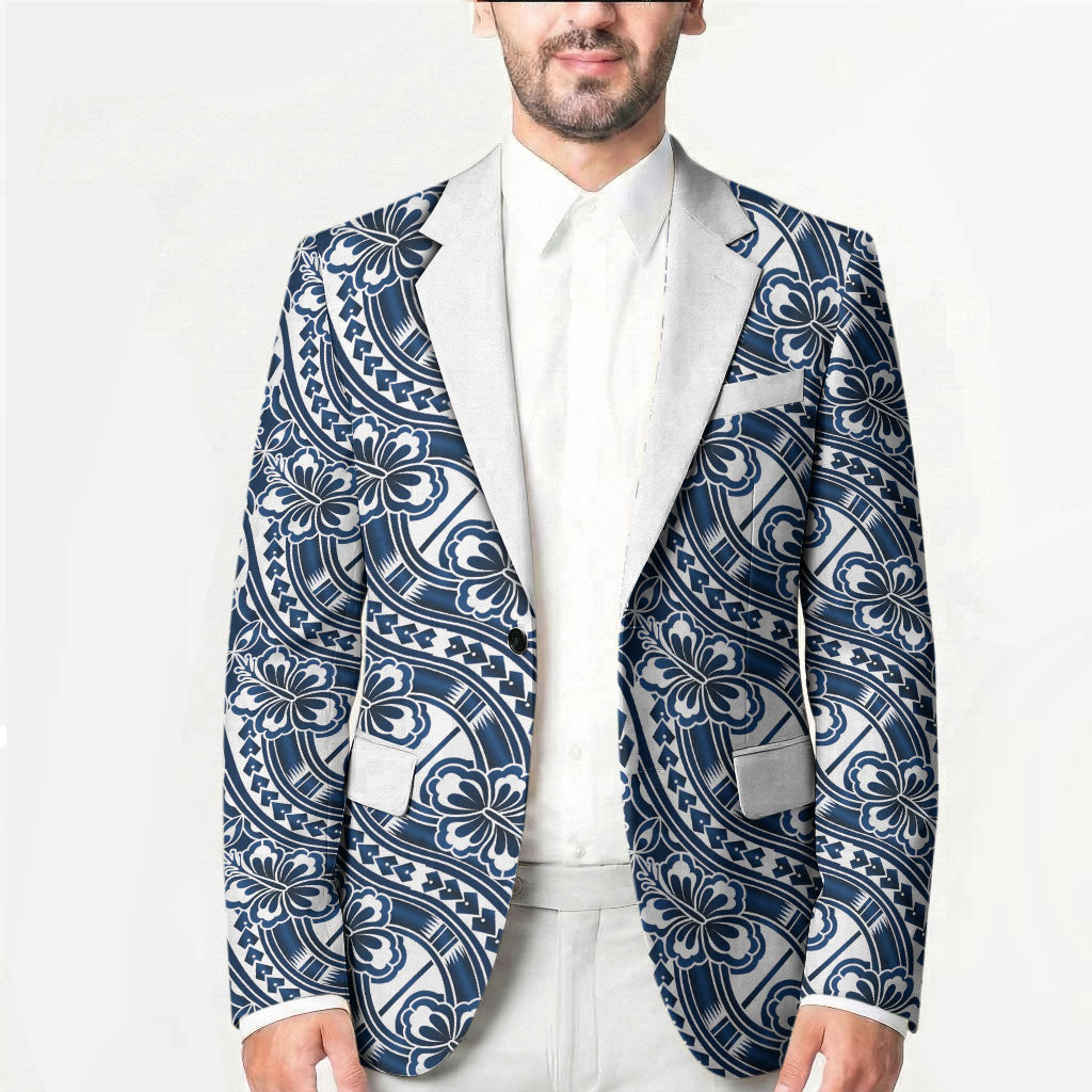 Hibiscus Bloom Island Tribal Waves Blazer Blue Polynesian Pattern