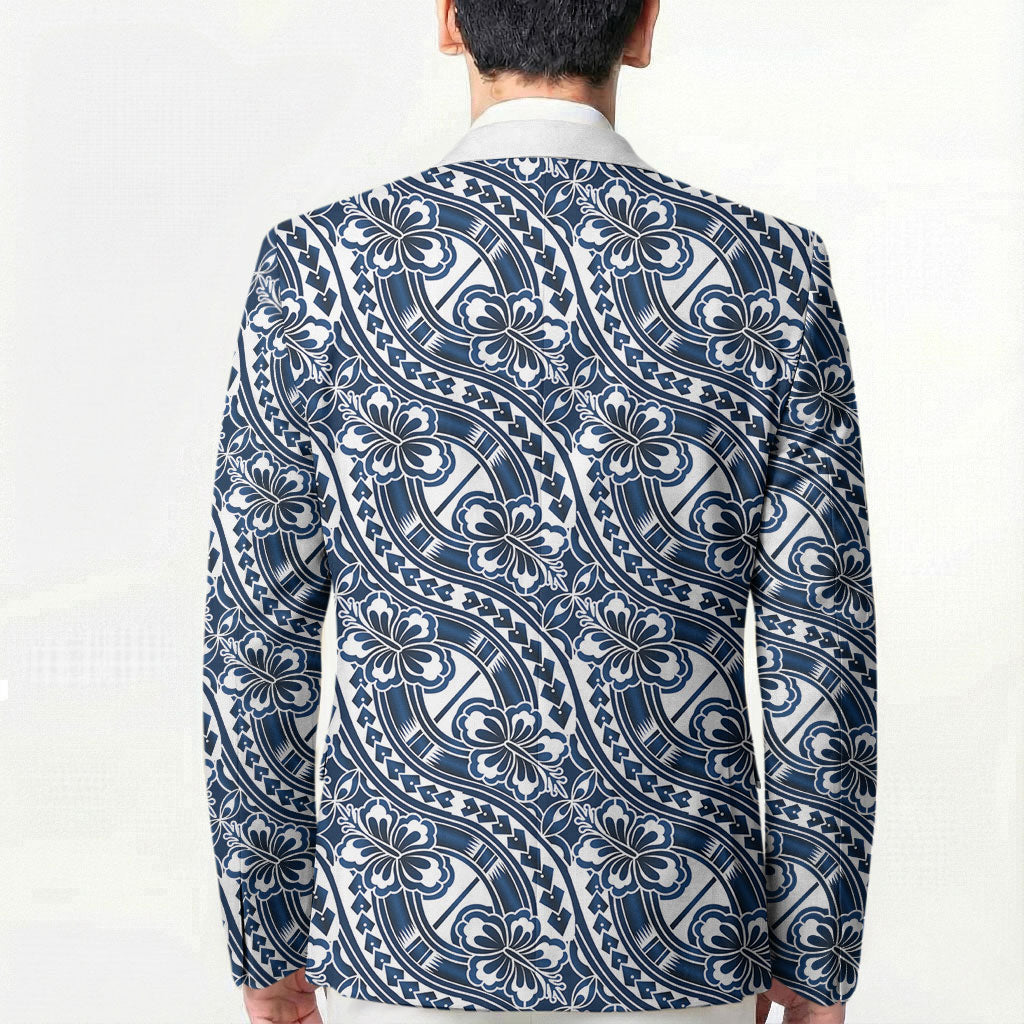 Hibiscus Bloom Island Tribal Waves Blazer Blue Polynesian Pattern