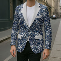 Hibiscus Bloom Island Tribal Waves Blazer Blue Polynesian Pattern