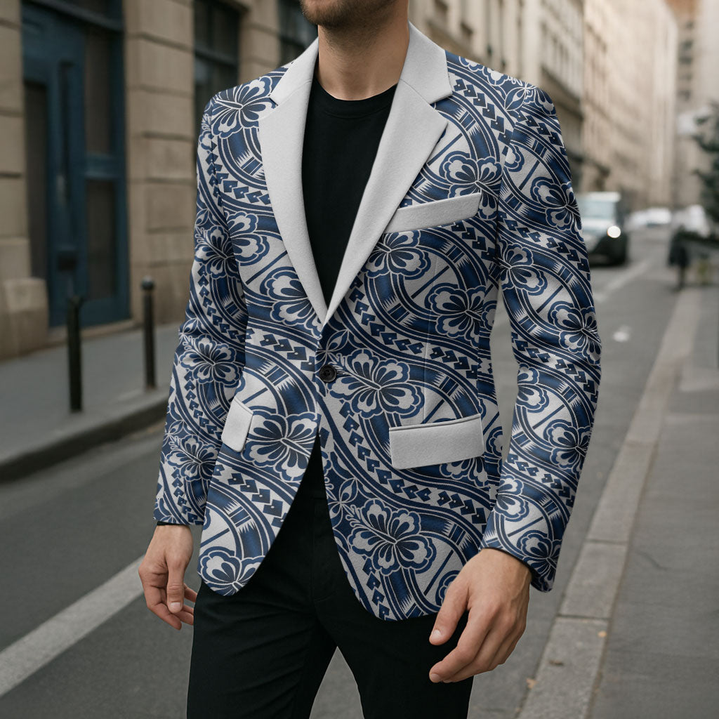 Hibiscus Bloom Island Tribal Waves Blazer Blue Polynesian Pattern