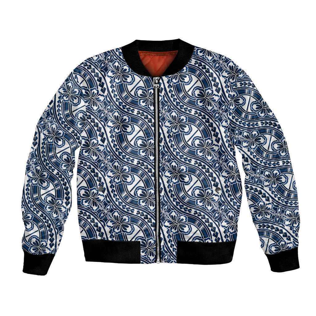 Hibiscus Bloom Island Tribal Waves Bomber Jacket Blue Polynesian Pattern