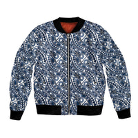 Hibiscus Bloom Island Tribal Waves Bomber Jacket Blue Polynesian Pattern