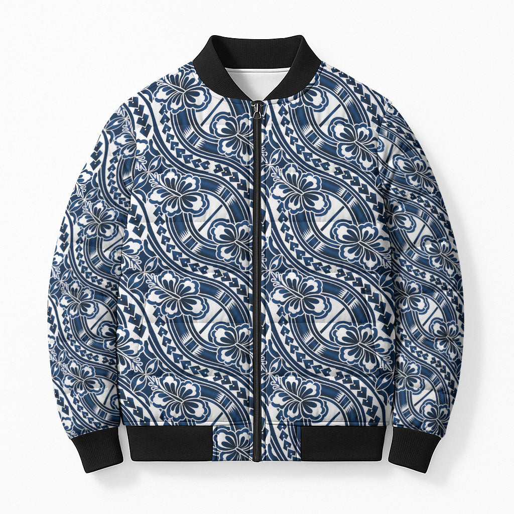Hibiscus Bloom Island Tribal Waves Bomber Puffer Jacket Blue Polynesian Pattern