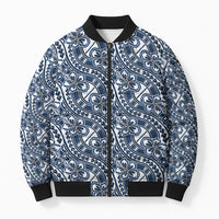 Hibiscus Bloom Island Tribal Waves Bomber Puffer Jacket Blue Polynesian Pattern