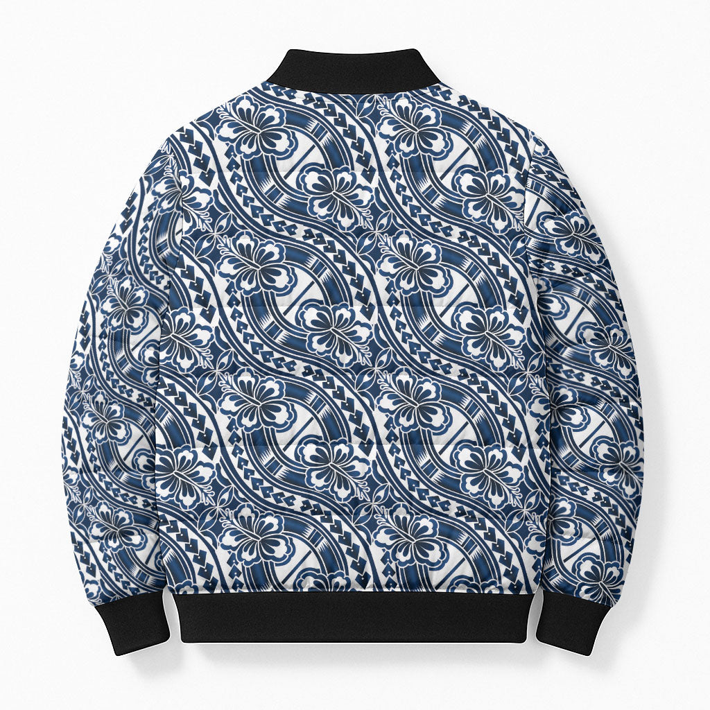 Hibiscus Bloom Island Tribal Waves Bomber Puffer Jacket Blue Polynesian Pattern