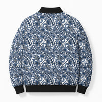 Hibiscus Bloom Island Tribal Waves Bomber Puffer Jacket Blue Polynesian Pattern