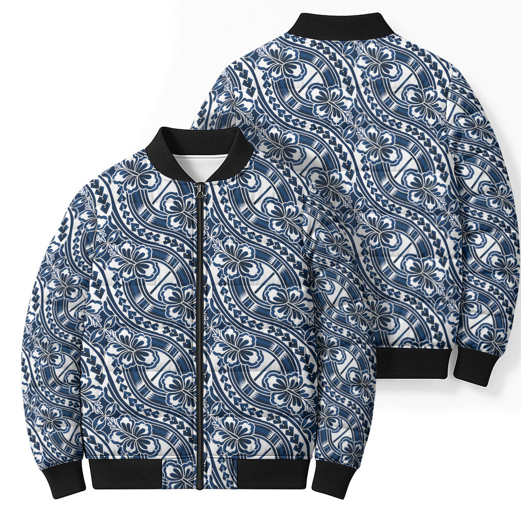 Hibiscus Bloom Island Tribal Waves Bomber Puffer Jacket Blue Polynesian Pattern