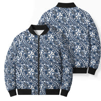 Hibiscus Bloom Island Tribal Waves Bomber Puffer Jacket Blue Polynesian Pattern