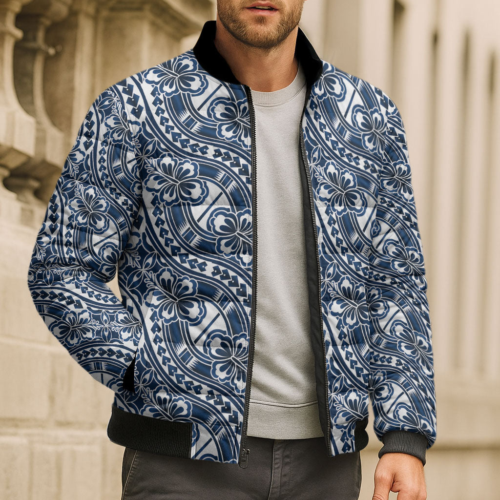 Hibiscus Bloom Island Tribal Waves Bomber Puffer Jacket Blue Polynesian Pattern