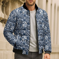 Hibiscus Bloom Island Tribal Waves Bomber Puffer Jacket Blue Polynesian Pattern
