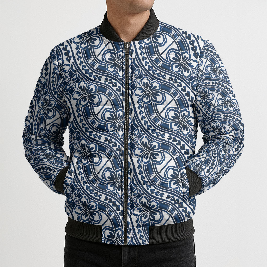 Hibiscus Bloom Island Tribal Waves Bomber Puffer Jacket Blue Polynesian Pattern