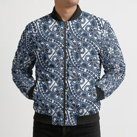 Hibiscus Bloom Island Tribal Waves Bomber Puffer Jacket Blue Polynesian Pattern
