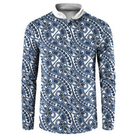 Hibiscus Bloom Island Tribal Waves Button Sweatshirt Blue Polynesian Pattern