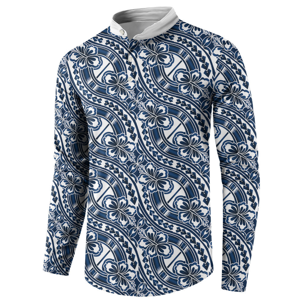 Hibiscus Bloom Island Tribal Waves Button Sweatshirt Blue Polynesian Pattern
