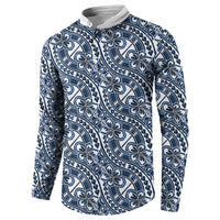 Hibiscus Bloom Island Tribal Waves Button Sweatshirt Blue Polynesian Pattern