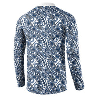 Hibiscus Bloom Island Tribal Waves Button Sweatshirt Blue Polynesian Pattern