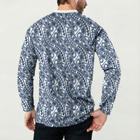 Hibiscus Bloom Island Tribal Waves Button Sweatshirt Blue Polynesian Pattern