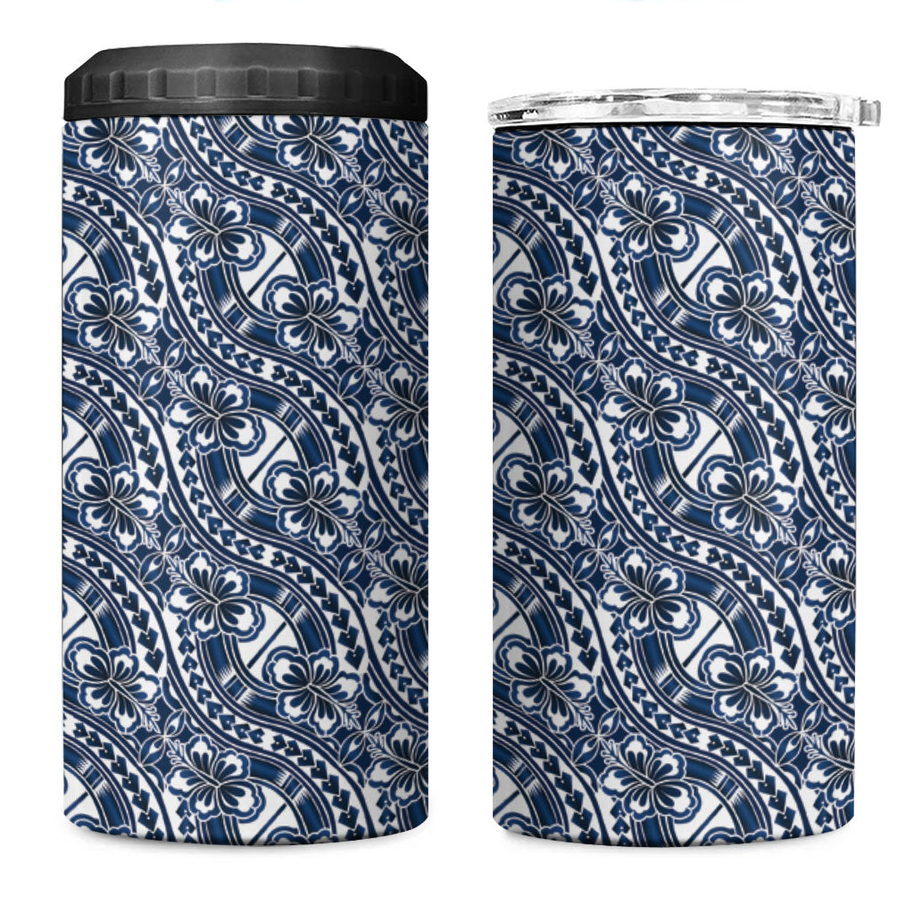 Hibiscus Bloom Island Tribal Waves 4 in 1 Can Cooler Tumbler Blue Polynesian Pattern
