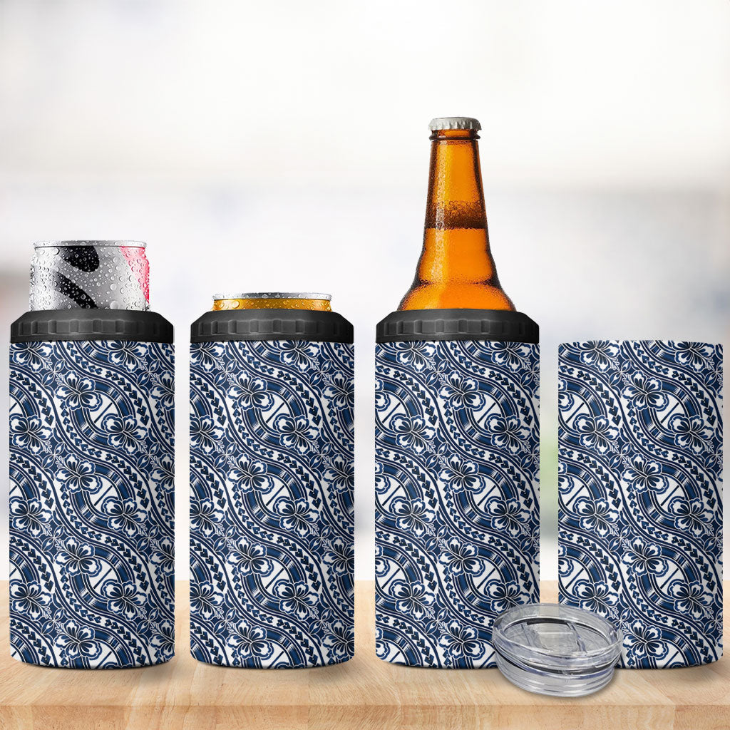 Hibiscus Bloom Island Tribal Waves 4 in 1 Can Cooler Tumbler Blue Polynesian Pattern
