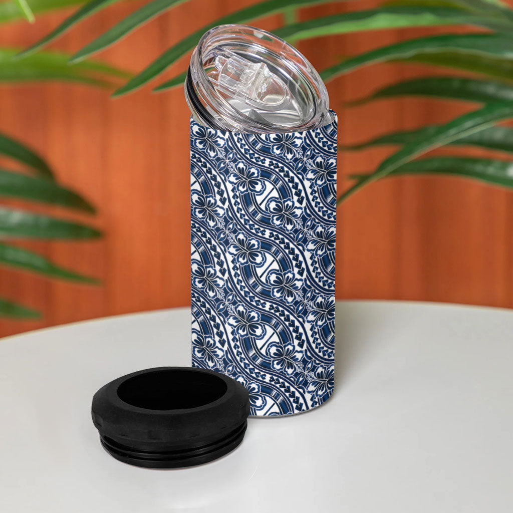 Hibiscus Bloom Island Tribal Waves 4 in 1 Can Cooler Tumbler Blue Polynesian Pattern
