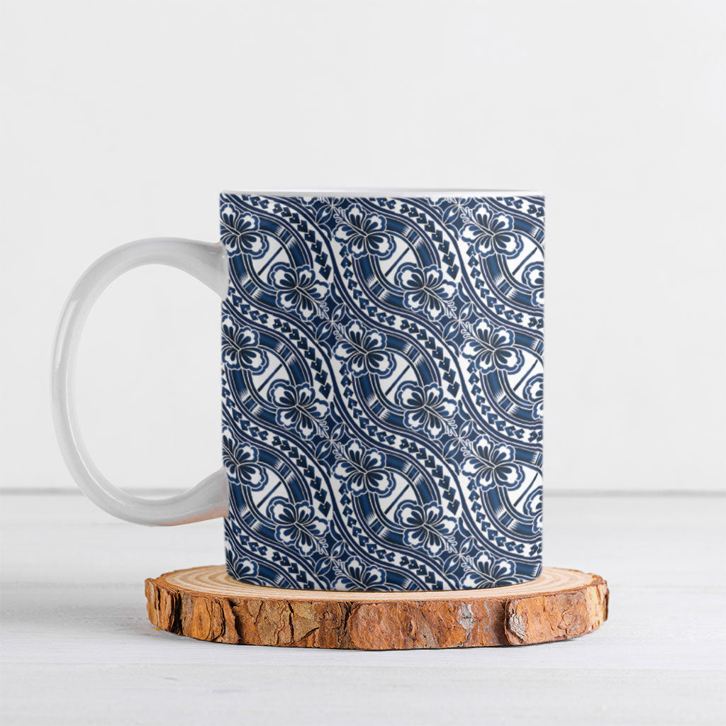 Hibiscus Bloom Island Tribal Waves Ceramic Mug Blue Polynesian Pattern