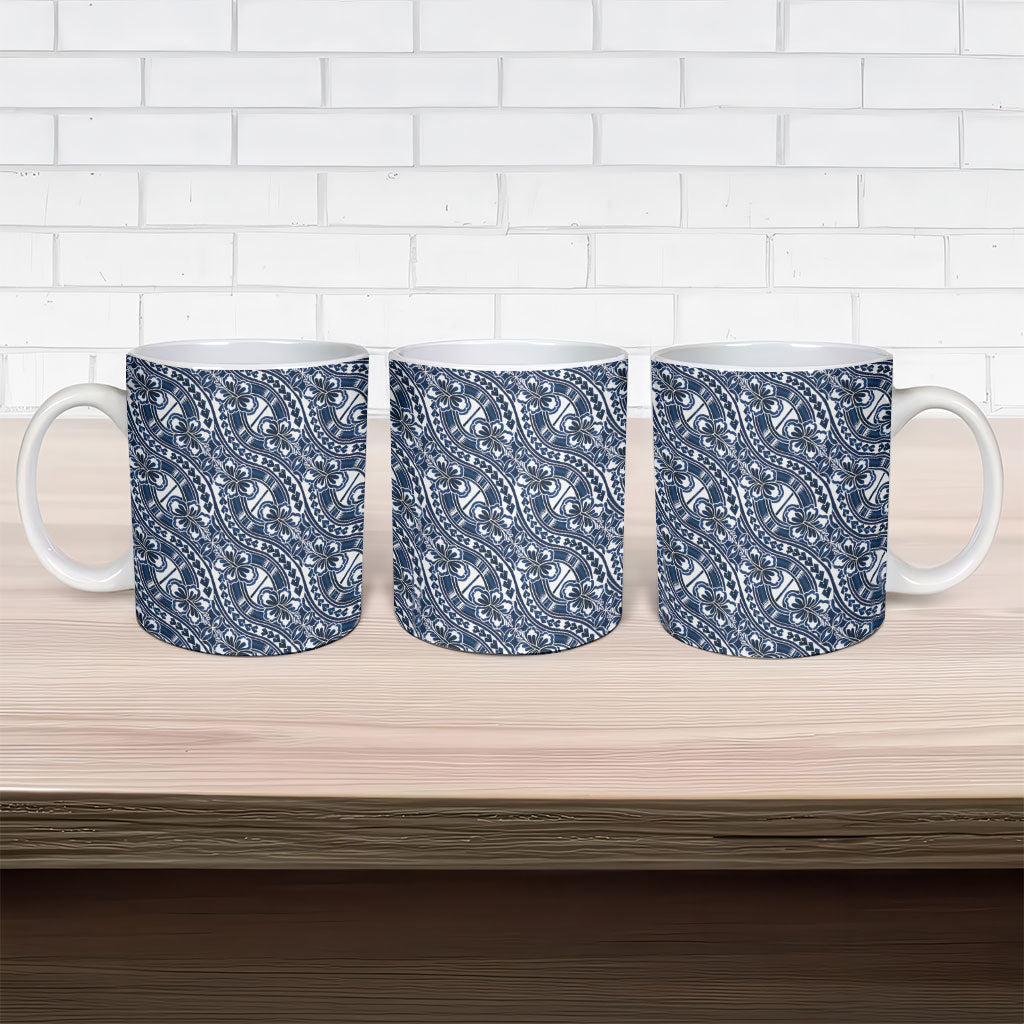 Hibiscus Bloom Island Tribal Waves Ceramic Mug Blue Polynesian Pattern