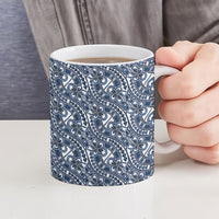 Hibiscus Bloom Island Tribal Waves Ceramic Mug Blue Polynesian Pattern